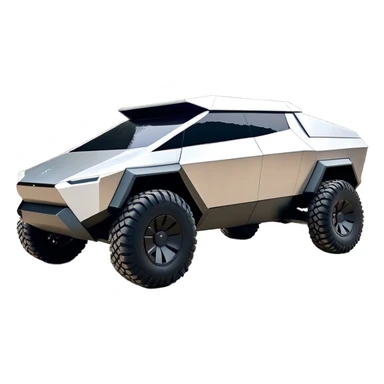 Tesla Cybertruck - A futuristic Tesla Cybertruck, angular and geometric with a sharp, triangular body shape. Stainless steel exoskeleton with a raw, unpainted, brushed-metal finish. A sleek, narrow LED light bar stretches across the entire front. Large, rugged off-road tires with exposed wheel arches. Smooth, handle-free doors and a slanted, armored rear with a retractable tonneau cover. Rear LED strip mirroring the front. The vehicle looks like a sci-fi-inspired, bulletproof stealth tank on wheels, set in a high-tech urban environment at sunset, with reflections on its metallic surface. sticker