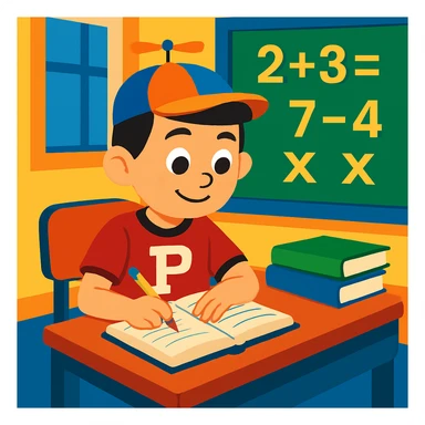 Change Little Johnny's hair to dark brown or black, keeping the rest of the scene the same: boy with a propellor hat and Philadelphia sports shirt, sitting at a desk in a math classroom, focused and organized, cartoon style. sticker