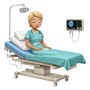 A patient lying on a medical examination bed with eyes closed, seen in a wider, full-body view, preparing to undergo a colonoscopy procedure in a clean hospital environment. sticker