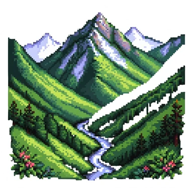 Scenic mountain valley with peaks and lush valleys sticker