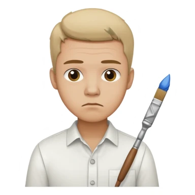 a man in a white buttoned holding a brush with a sad expression sticker