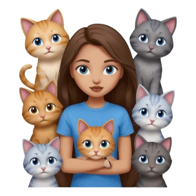 a pretty bratz dusky light skin girl with long brown hair, blue eyes with six cats nd wearing a grey tshirt sticker