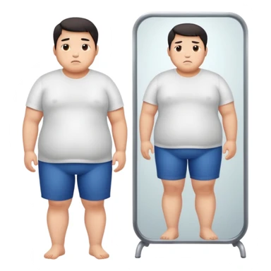 A young Asian guy looks sadly at his overweight body in the full-length mirror. sticker