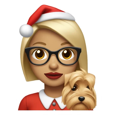 blonde woman, blue eyes wearing red santa hat and glasses and red lips holding Yorkshire terrier  sticker