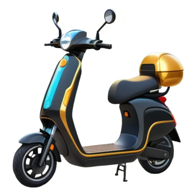 An icon featuring a sleek electric scooter parked on a scenic path. The background showcases a vibrant city park with green trees, flowers, and a clear blue sky. The sun sets in the distance, casting a warm golden glow on the landscape. Transparent background sticker