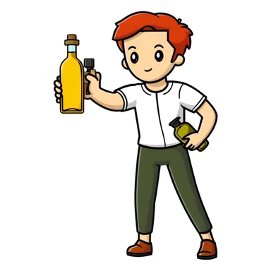 redhead person holding olive oil bottle like a pistol, action pose sticker