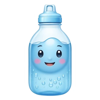 Cute Kawaii Water Bottle, round and bubbly, soft blue with tiny water droplets around, a happy smiling face, gentle glowing highlights, fresh and refreshing vibes! sticker