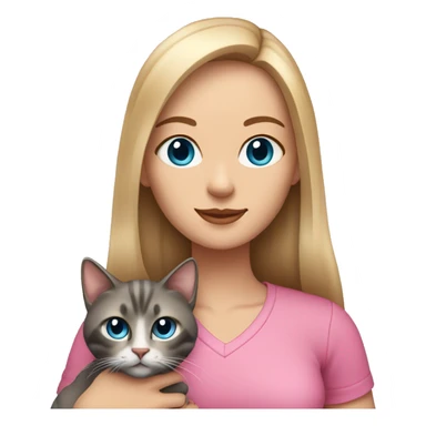 White woman with blue eyes and long dark hair wearing a pink shirt and holding a tabby cat sticker