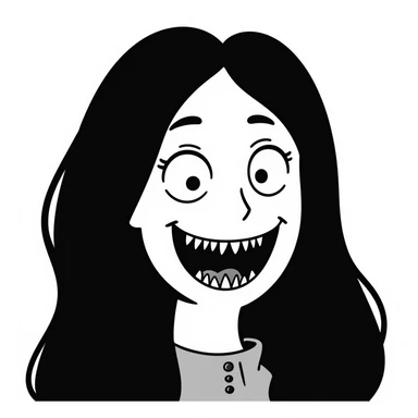 japanese horror style woman with extremely long black hair, pale white face, wide unblinking eyes, and a distorted mouth filled with hundreds of sharp jagged teeth sticker
