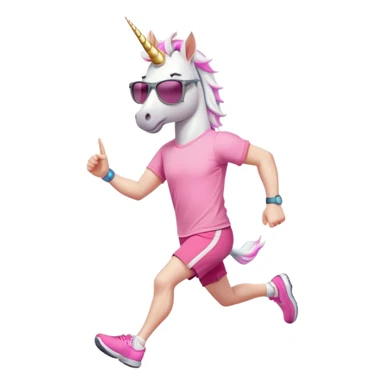 friendly anthropomorphised male white unicorn in grey shorts and pink t-shirt, wearing dark sunglasses, jogging upright in a relaxed pose sticker