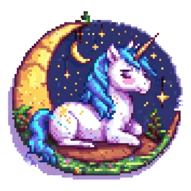 colorful baby unicorn sleeping on a crescent moon, pixel art style sticker