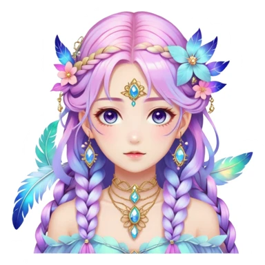 Beautiful gorgeous anime lady with beautiful iridescent-nebula-braided-hair, fashion aesthetic, ethereal, fairycore, pastelcore, feathers, flowers, gems, accessories, jewelries, gold, colorful sticker