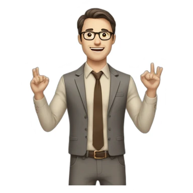 To belt Actively gesturing with hands Okay Pale skinned fit man with dark brown hair in gray jacket, beige office shirt, brown tie, brown pants and vintage glasses. sticker