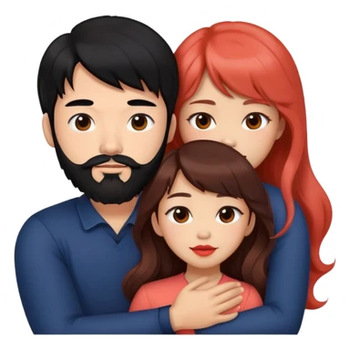 mean handsome asian man with black hair and beard, hugging cute woman with tan skin and long wavy reddish brown hair with bangs and coral lipstick sticker