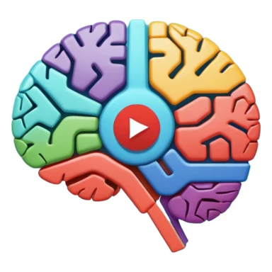 Stylized brain illustration with YouTube logo elements integrated, neural network nodes forming play button shape, digital art style, vibrant color palette, professional icon design, square format sticker