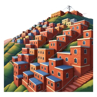 Urban Peruvian hillside neighborhood, brick houses stacked on steep hills, unfinished red brick buildings, colorful painted facades, narrow stairways, electric cables crossing the sky, sunset lighting, realistic style, cinematic, high detail in the desert sticker