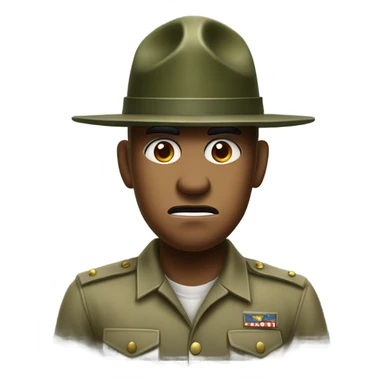 drill sergeant character wearing a classic sergeant hat and a camouflage army shirt. The character should have an angry intense expression. full torso sticker