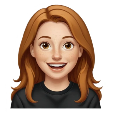 A 38 year old white woman with long brunette hair parted in the middle. She has her nose pierced. Her nose is medium sized. She has brown eyes. She has freckles and is wearing a black sweatshirt and is laughing  sticker