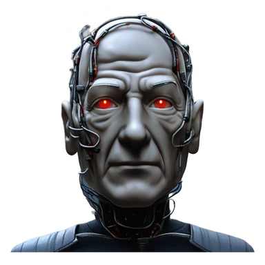 Jean luc picard from Star Trek assimilated by the Borg, with mechanical metal covering the left side of his face, with wires and a red light on the left side. His eyes are blue sticker