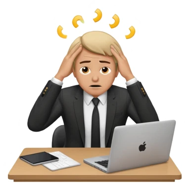 A man in corporate attire sitting at a desk, having fatigue hands on head while working on a laptop sticker