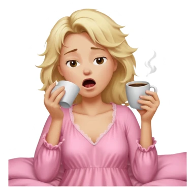 A blonde woman in a pink nightgown yawns, looking sleepy with dark circles under her eyes, drinking coffee, looking like she just woke up sticker