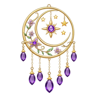 Epic beautiful gorgeous cute gold suncatcher, threads with shiny sparkly amethyst gemstones, flowers, crescents-moons, stars sticker