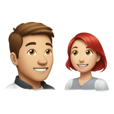 An Asian man with brown hair and an Asian woman with red hair are lying on their stomachs on a bed, smiling and talking. sticker