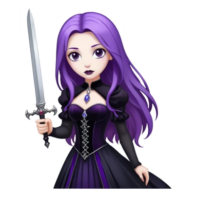 A gothic princess with long purple hair, in a black velvet dress, holding a silver dagger. sticker