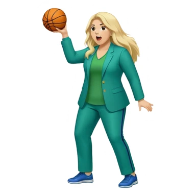 Full Body white plus size female basketball head coach yelling using a clipboard with long blonde hair in a blue and green suit sticker