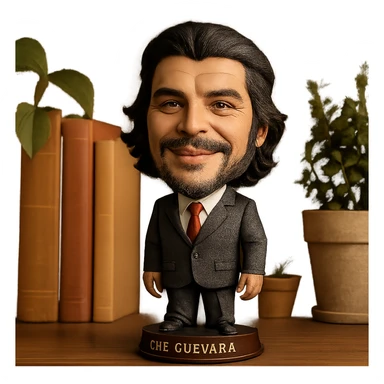 statuette of Che Guevara in a suit and tie, big head, confident smile sticker