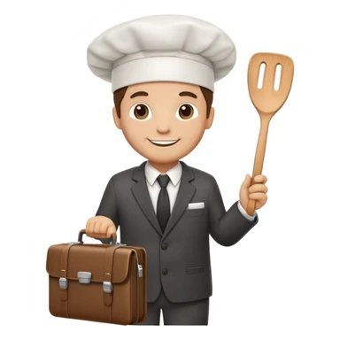 Chef wearing a suit and tie with a chef hat, holding a spatula in one hand and a briefcase in the other, friendly smile sticker
