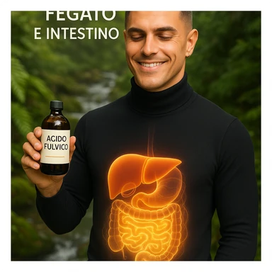 Create a vertical 9:16 wellness semi-realistic style image of a man with the face from the reference image. He is holding a bottle labeled 'acido fulvico'. Show translucent energy on the abdomen and liver. The environment is natural with plants and water. Include Italian text. sticker