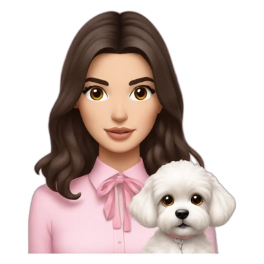 brunette Kendall Jenner with long hair holding on the hands white maltipoo wear on pink collar sticker