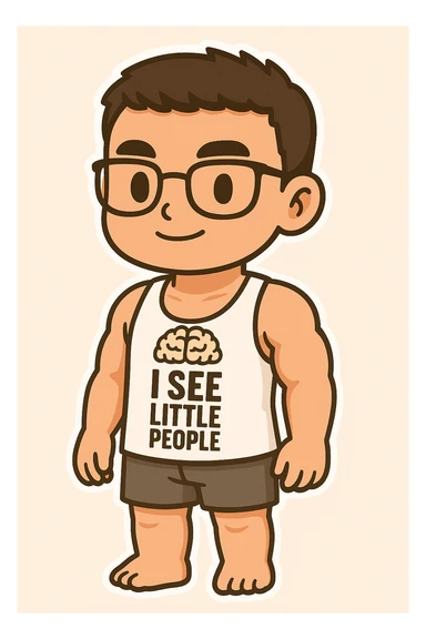 Full body illustration of a young, strong man with short dark hair and glasses, wearing a white gym tank top with the phrase 'I SEE LITTLE PEOPLE' and dark shorts. The style is cute, cartoon, and simplified like chibi stickers, showing the entire body including feet, with bold black lines and soft colors. sticker