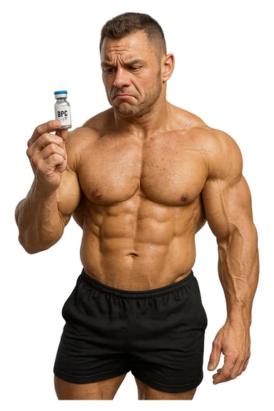 BODYBUILDER A FIGURA INTERA CHE TIENE IN MANO UNA FIALA MEDICA CON la scritta "BPC 157" SULL'ETICHETTA E LA GUARDA DUBBIOSO, iperrealistico 4k sticker