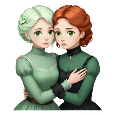 Two Victorian women with light green eyes in a sad, intimate embrace. One has bright white coiffed hair, the other has dark copper coiffed hair. Both wearing Victorian turtleneck dresses, hugging tightly sticker