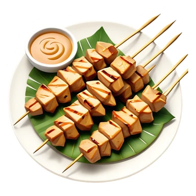Cinematic Realistic Indonesian Chicken Satay Dish Emoji, depicted as succulent, marinated chicken skewers grilled to perfection with a subtle char, drizzled generously with a rich, creamy peanut sauce that glistens under warm, natural lighting. The vibrant textures of the tender meat and smooth, spicy sauce evoke the authentic flavors of Indonesian street food, rendered with lifelike detail and dynamic, appetizing lighting. sticker