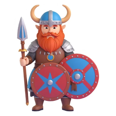 Norwegian Viking with red beard and helmet with horns. Holds a round shield with Norwegian pattern sticker