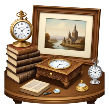 Icon for Antiques Collecting: antique carved  table, a vintage pocket watch and a porcelain figurine, all placed on a wooden antique carved table surrounded by aged books and a magnifying glass. The icon should evoke the elegance and history of antique collecting. Transparent background. sticker