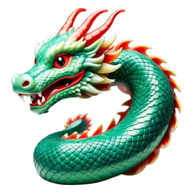 Cinematic Comical Chinese Serpent Dragon Portrait Emoji, Head tilted dramatically with an exaggeratedly amused expression, featuring a sleek, serpentine form adorned in luminous jade and vermilion scales interlaced with playful cloud and water accents; rendered with vibrant, lifelike textures and dynamic natural shadows, high shine, playful yet wise, styled with an air of cheeky ancient mystique, soft glowing outline, capturing the essence of a spirited and humorously enigmatic celestial dragon that looks ready to spiral into legendary lore! sticker