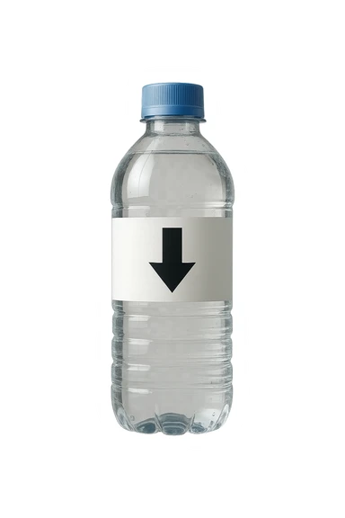 bottiglietta d'acqua con freccia giù fluttuano in aria iperrealistici sticker