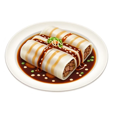 Beef rice noodle roll Ngau Yuk Cheung Fun with dark sauce drizzled on top, simplified emoji style with bold outlines and bright colors, cartoon style Cantonese street food sticker