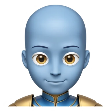 A stylized 3D cartoon character with blue skin and an oversized forehead—twice the size of the face. He has a smooth bald head with a light blue patch on top, golden eyes, and a sly, clever smile. Wearing a futuristic black and silver outfit with shoulder armor. Bust portrait, clean background. sticker