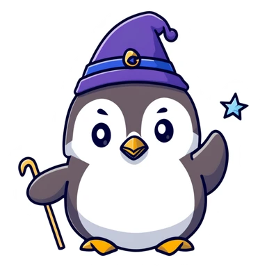 penguin dressed as a wizard with magic wand and wizard hat sticker