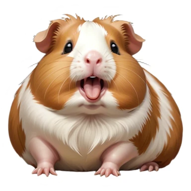 Cinematic Cute Yawning Brown and White Banded Guinea Pig Portrait Emoji, Head tilted slightly with a dramatic, wide-open yawn, revealing a soft, banded coat of brown and white with tiny, droopy ears, round dark eyes barely open in drowsy contentment, Simplified yet irresistibly adorable features, highly detailed, glowing with a soft, cozy glow, high shine, relaxed yet expressive, stylized with a touch of whimsy, bright and endearing, soft glowing outline, capturing the essence of a sleepy yet affectionate guinea pig, so drowsy it feels like it could stretch out of the screen and curl up for a nap! sticker