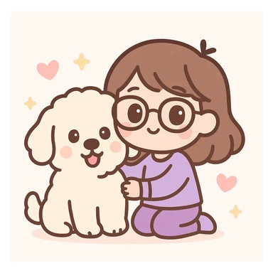 brunette female with glasses in a purple outfit and her large white or cream colored goldendoodle, chibi style sticker
