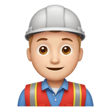 friendly cartoon emoji character with a round head, simple facial features, soft smile, wearing a red vest like a hardware store employee, flat vector emoji style, no text, no brand logos, front-facing sticker