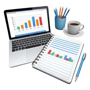 top view of a MacBook and a notebook with a pen nearby, notebook pages filled with handwritten bar charts sticker
