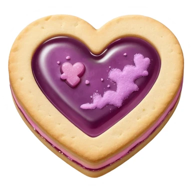 Realistic shortbread cookie in the shape of a heart with mauve jelly middle filling and sprinkled powder sugar on top. sticker
