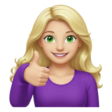 lady with long wavy blonde hair, purple top, green eyes, thumbs up sticker